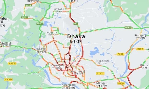 Traffic condition in dhaka, map